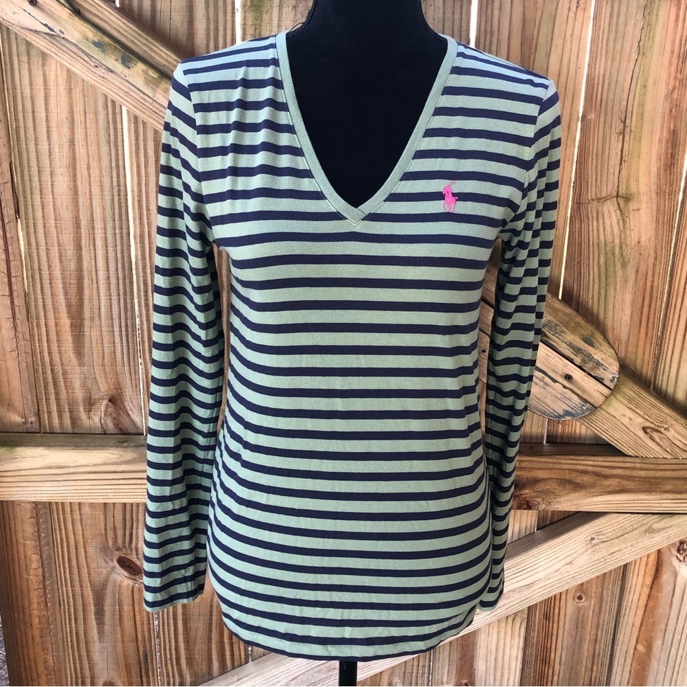 Ralph Lauren Sport Green & Navy Blue Striped Cotton V-Neck Long Sleeve Shirt S